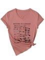 Detail of V-neck T-shirt in brick red featuring vintage library card stamp graphic print - S / Rose Gold (Black Print)