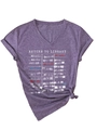 Detail of V-neck purple T-shirt with library card print and stylish side knot detail - S / Purple (White Print)