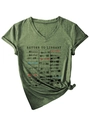 Detail of V-neck olive green t-shirt with library card print and front hem knot design - S / Olive Green (Black Print)