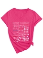 Detail of V-neck magenta T-shirt featuring vintage Return to Library card print and side knot - S / Rose Red (White Print)