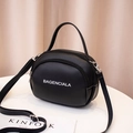 Chic black semi-circular PU crossbody bag with white logo and wide fabric strap - Black