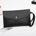 Black lychee texture envelope clutch bag with silver metal buckle and wrist strap - Black