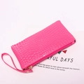 Rose red crocodile embossed PU leather long clutch purse with wristlet and gold zipper - Rose Red