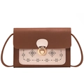 Brown and cream mini crossbody bag with hollow floral pattern and gold metal buckle - Brown