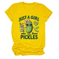Detailed flat lay of a bright yellow cotton T-shirt with cute cartoon pickle graphics - S / Yellow