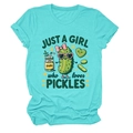 Close-up of mint green t-shirt with Just a Girl who loves Pickles cartoon graphic - S / Deep Water Blue