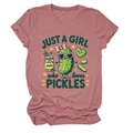 Detail of pink cotton t-shirt showing cute pickle graphics and rolled sleeve design - S / Rose Gold
