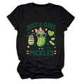 Detailed view of the cute cartoon pickle graphic on a black crew neck cotton T-shirt - S / Black