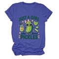 Detail of heather purple T-shirt featuring cartoon pickles and Just a girl who loves text - S / Vintage Blue