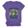 Detail of purple cotton T-shirt featuring a cartoon pickle print and whimsical text - S / Purple