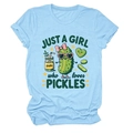 Light blue crew neck t-shirt featuring 'Just a girl who loves pickles' cartoon graphic - S / Light Blue