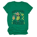 Close-up of green cotton t-shirt featuring a cartoon pickle with a pink bow and heart glasses - S / Dark Green