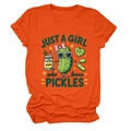Detail of vibrant orange cotton T-shirt featuring a cute cartoon pickle graphic and text - S / Orange