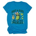 Close-up of cute cartoon pickle print on aqua blue cotton t-shirt for women - S / Lake Blue