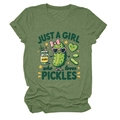 Close-up of grass green cotton T-shirt featuring cartoon pickles and slogan print - S / Olive Green
