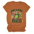 Detail of rust orange cotton t-shirt with Just a girl who loves pickles cartoon print - S / Burnt Orange