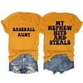 Flat lay of yellow Baseball Aunt t-shirt showing front and back with denim shorts - Mustard Yellow
