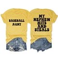 Detailed front and back view of baseball aunt letter print yellow T-shirt and denim shorts - Yellow