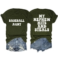 Close-up of dark green baseball aunt t-shirt with white lettering on soft cotton fabric - Army Green