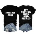 Detail of black Baseball Aunt T-shirt paired with distressed denim shorts on white background - Black