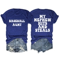 Detail of navy cotton t-shirt with Baseball Aunt text and ripped denim shorts - Vintage Blue