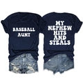 Flat lay detail of navy crewneck T-shirts with white baseball themed printed lettering - Navy Blue