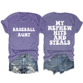 Detailed front and back views of purple baseball aunt t-shirt with white letter printing - Purple With White Graphic
