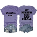 Detail of grey-purple t-shirt with Baseball Aunt text and back graphic for women - Purple Black Print
