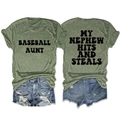 Detail of green T-shirt with BASEBALL AUNT text and distressed denim shorts on white backdrop - Olive Green