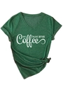 Detail of V-neck green T-shirt with 'NO TALKIE BEFORE Coffee' slogan and front knot design - S / Vintage Green