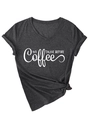 Detail of V-neck dark grey t-shirt with NO TALKIE BEFORE print and knotted hem - S / Black Heather Grey