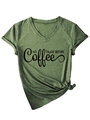 Detail of V-neck dark green cotton t-shirt featuring 'NO TALKIE BEFORE Coffee' slogan - S / Olive Green
