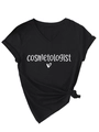 Detail of V-neck black T-shirt with cosmetologist text print and stylish side knot - Black
