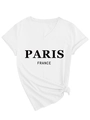 Detailed view of white V-neck cotton T-shirt with Paris France print and side knot detail - S / White (Black Font)