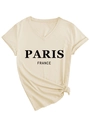 Detail of a beige V-neck T-shirt with Paris France print and stylish knotted hem - S / Sand (Black Font)