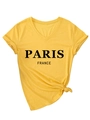 Detail of V-neck yellow T-shirt with Paris France print and stylish side knot hem - S / Yellow (Black Font)