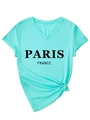 Detail of mint green V-neck T-shirt with Paris France print and front knot detail - S / Deep Water Blue (Black Font)