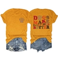 Detail view of front and back dog prints on orange cotton t-shirt with denim shorts - S / Mustard Yellow