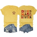 Detail view of the back graphic print with Dogs Make Everything Better slogan - Yellow