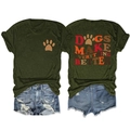 Detailed front and back views of an olive green cotton T-shirt with dog themed prints - Army Green
