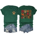 Detailed back view of dark green t-shirt with Dogs Make Everything Better print - Retro Green