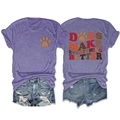 Detail of purple graphic tee with 'Dogs Make Everything Better' slogan and paw prints - Purple