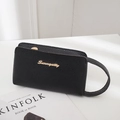 Minimalist black lychee pattern leather wristlet bag with golden logo and zipper - Black
