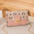 Beige and pink floral crossbody chain bag with patterned design and gold lock clasp - Pink