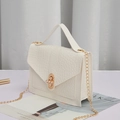 White crocodile pattern chain crossbody bag with pearl buckle and golden hardware - White