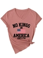Detail of V-neck cotton T-shirt in brick red with American flag and slogan print - S / Rose Gold (Black Print)