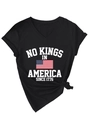 Detail of V-neck cotton T-shirt featuring No Kings In America 1776 print and front knot tie - S / Black (White Print)