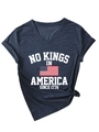 Detail of V-neck grey tee with No Kings in America print and stylish knot hem detail - S / Navy (White Print)