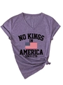 Detail of purple V-neck T-shirt with No Kings in America print and knotted hem - S / Purple (Black Print)