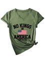 Detail of army green V-neck T-shirt with No Kings In America 1776 print and stylish hem knot - S / Olive Green (Black Print)